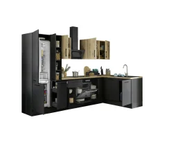 Küchenblock mit E-Geräten CORNWALL (Ecke-Geschirrspüler-Kühlschrank-Apotheker) IV