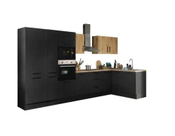 Küchenblock mit E-Geräten CORNWALL (Ecke-Backofen-Kühlschrank-Mikrowelle-Apotheker) III