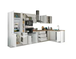 Küchenblock mit E-Geräten CORNWALL (Ecke-Backofen-Geschirrspüler-Kühlschrank-Mikrowelle-Apotheker) I